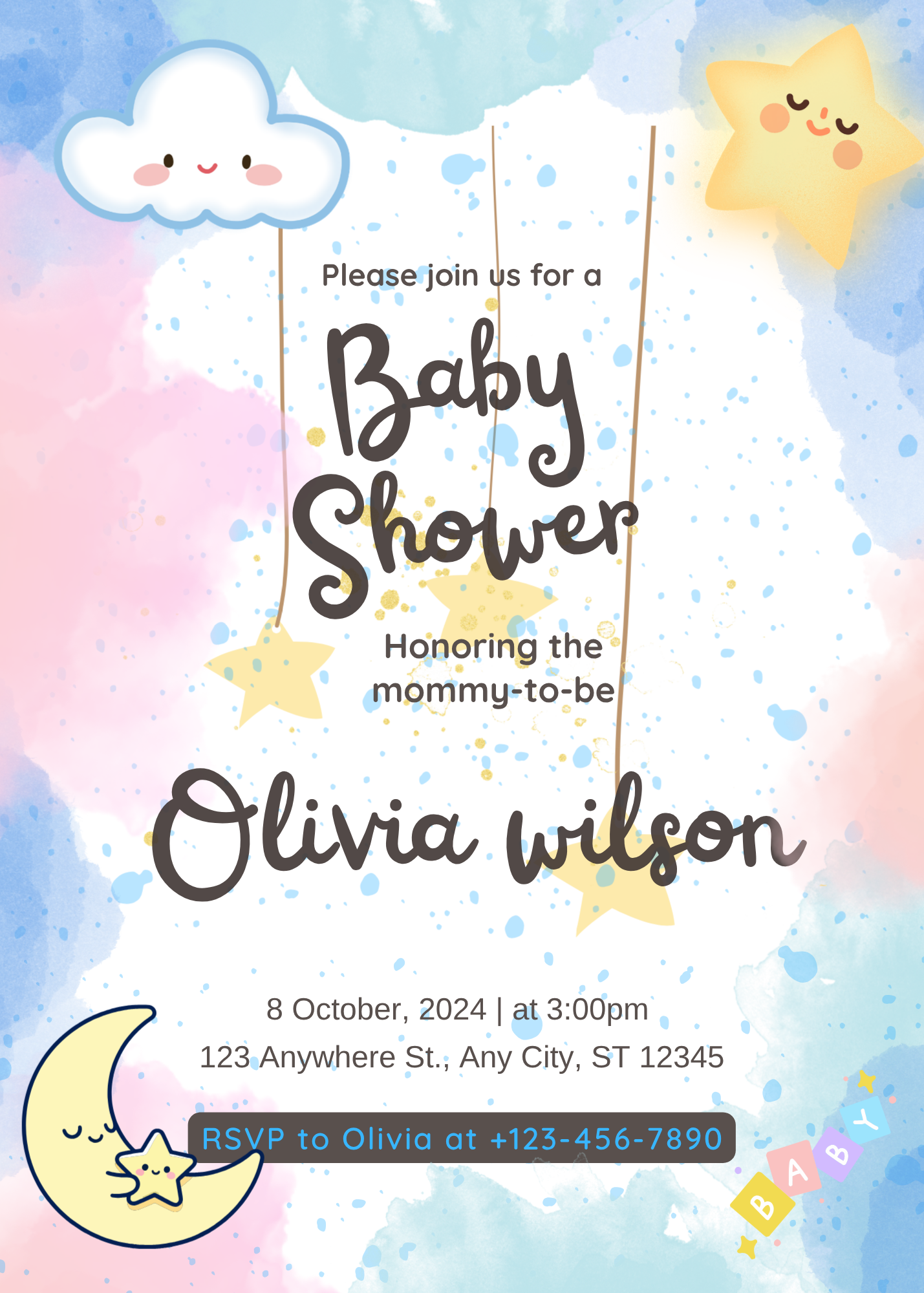 Moon and star baby shower invitation
